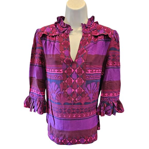 Tory Burch Silk Geometric Print Ruffle High V Neck 3/4 Tunic Blouse Top 4 *FLAW* - Picture 1 of 8